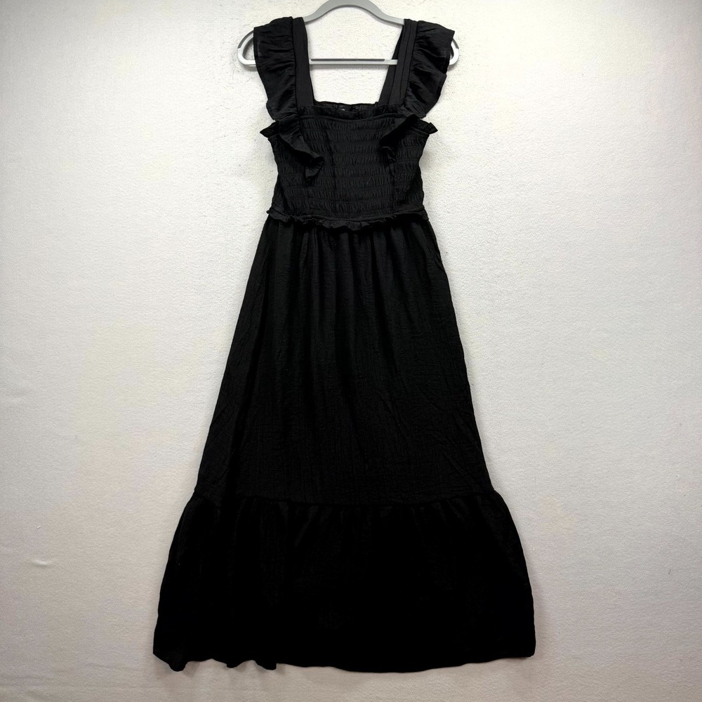 August Sky Fit & Flare Dress Womens Small Black Ruffle Cap Sleeve Smocked Bodice